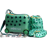 Aerolite MiniMax Childrens Ride-On Suitcase Fits 45x36x20cm EasyJet Maximum Size Kids Hand Luggage With Wheels 29L, Free Neck Pillow, Travel Bag & Stickers (Green)