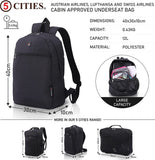 5 CITIES (40x30x10cm) New and Improved 2024 Lufthansa, Austrian Airlines, Swiss Airlines Maximum Size Cabin Backpack/Rucksack Underseat Flight Bag, Also Approved For easyJet, British Airways, Virgin Atlantic, Black