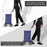 Hoppa Lightweight 4-Wheel Premium Folding Shopping Trolley Extra Large 64L Capacity Shopping Trolley Bag, 95cm, 4.8kg, Push/Pull Stairclimber (Blue Stripe)