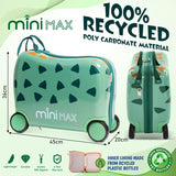 Aerolite MiniMax Childrens Ride-On Suitcase Fits 45x36x20cm EasyJet Maximum Size Kids Hand Luggage With Wheels 29L, Free Neck Pillow, Travel Bag & Stickers (Green)