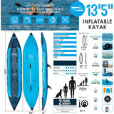 Aqua Spirit Inflatable Kayak, 13’5” 2 Person Complete Kayak Kit with Paddle, Backpack, Double-Action Pump and more accessories, For Adult Beginners/Experts - 3 Years Brand Warranty