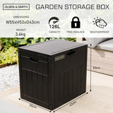 Olsen & Smith 126L Capacity Outdoor Garden Plastic Storage Box Small Balcony Furniture - Lockable with Padlock Lock, Weather Resistant, Wood Panel Look Shed Chest