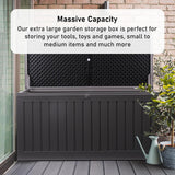 Olsen & Smith 270L MASSIVE Capacity Outdoor Garden Storage Box With Padlock Plastic Shed - Weatherproof & Sit On with Wood Effect Chest (270 Litre, Black)