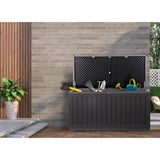 Olsen & Smith 270L MASSIVE Capacity Outdoor Garden Storage Box With Padlock Plastic Shed - Weatherproof & Sit On with Wood Effect Chest (270 Litre, Black)