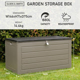 Olsen & Smith 680L MASSIVE Capacity Outdoor Garden Storage Box Plastic Shed - Weatherproof & Sit On with Wood Effect Chest