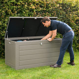 Olsen & Smith 680L MASSIVE Capacity Outdoor Garden Storage Box Plastic Shed - Weatherproof & Sit On with Wood Effect Chest