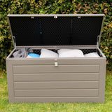 Olsen & Smith 680L MASSIVE Capacity Outdoor Garden Storage Box Plastic Shed - Weatherproof & Sit On with Wood Effect Chest